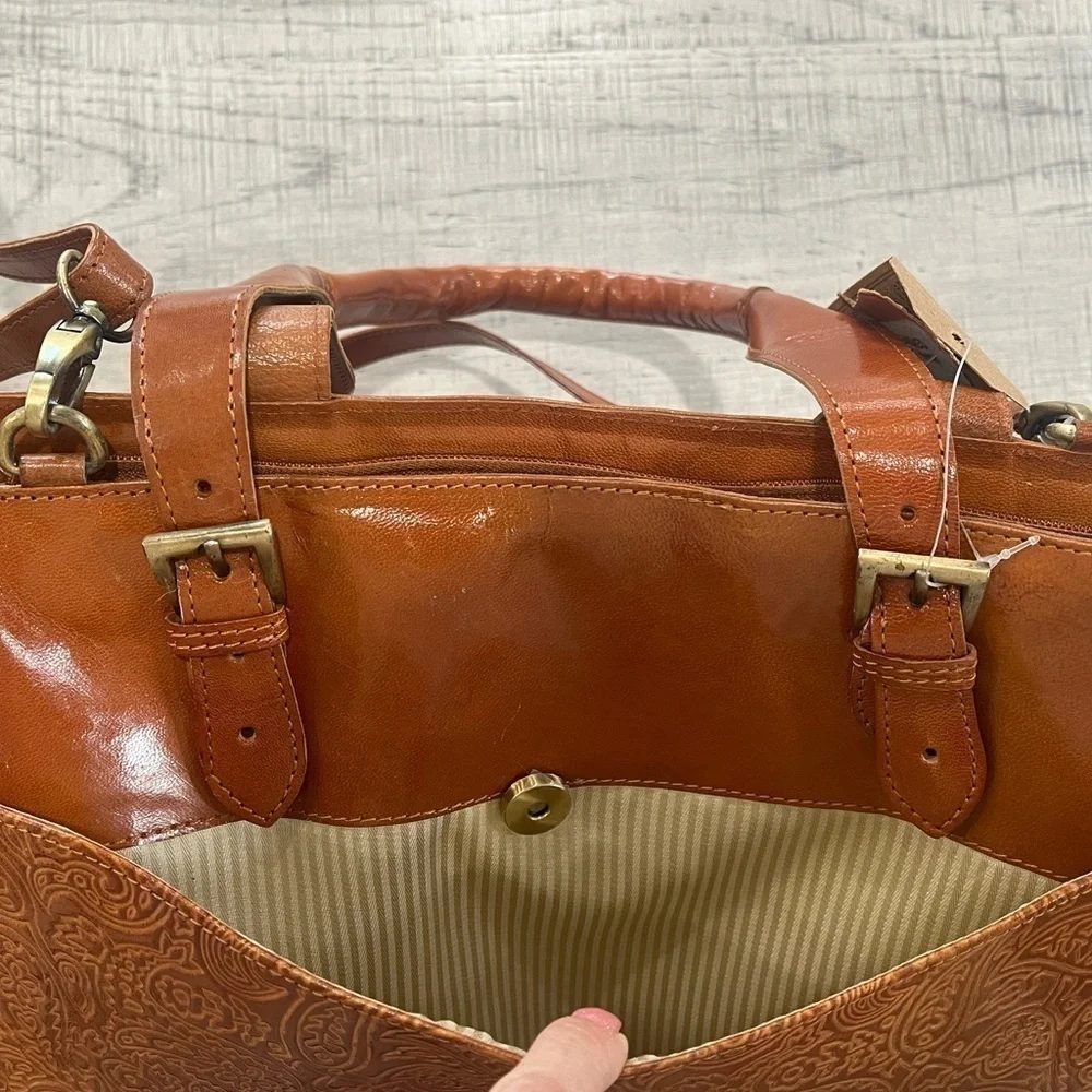 American Genius Leather Handbag w/ Removable Shoulder Strap, Tooled Paisley